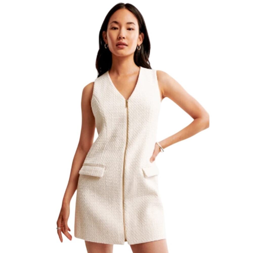 Abercrombie & Fitch Mara Tweed Zip-Up Mini Dress Cream Tweed Womens Large